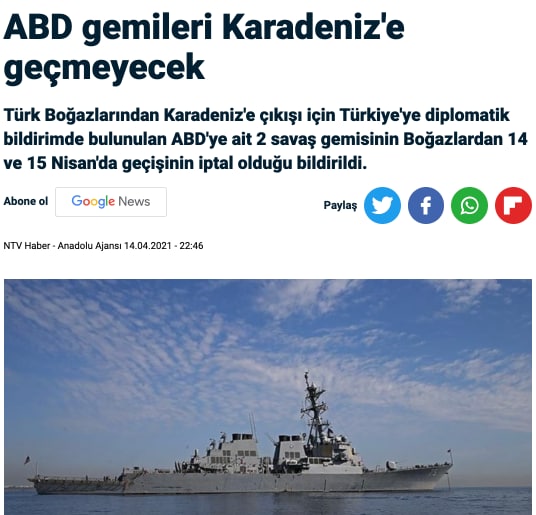 Турецькі ЗМІ повідомляють про скасування проходу двох військових кораблів США через Босфор у Чорне море