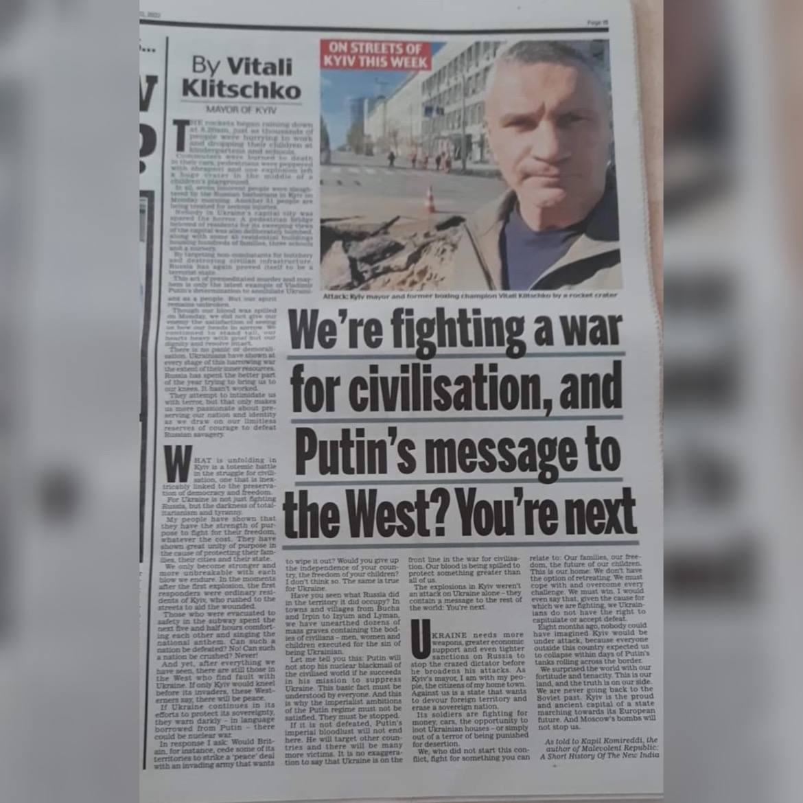 «Вибухи у Києві – це сигнал усьому світу: ти наступний», - Кличко у статті для британської The Daily Mail