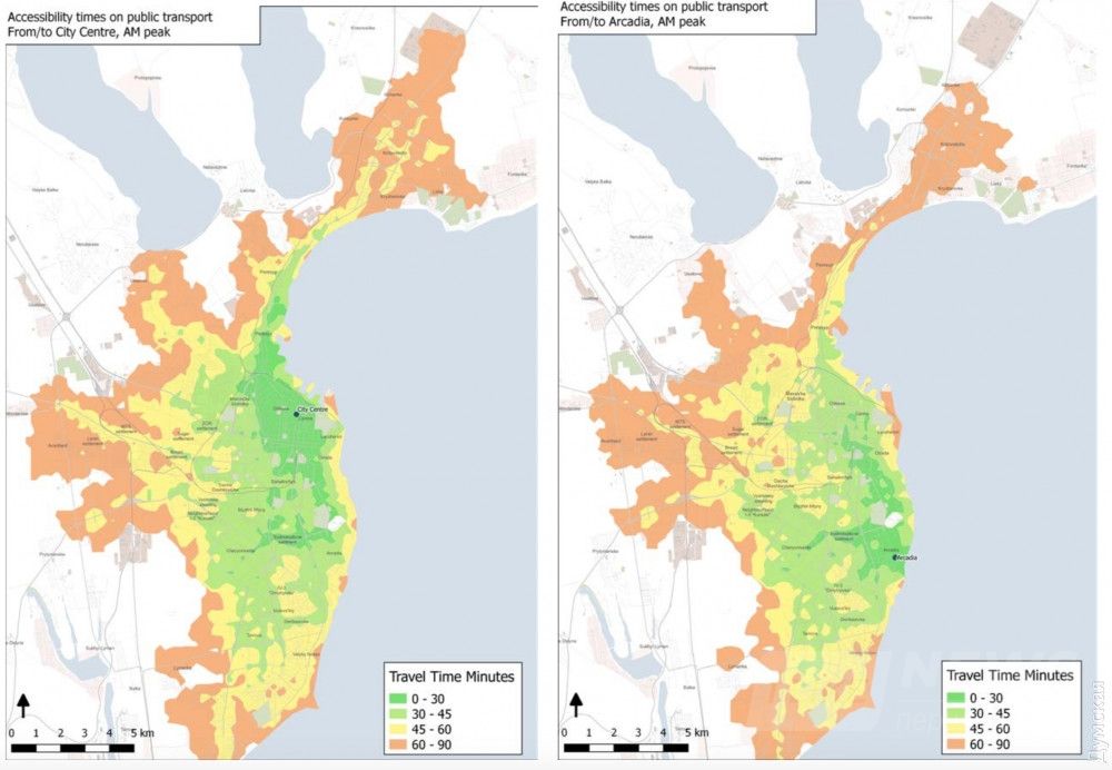 Сколько нужно времени, чтобы в час пик добраться в разные части города из центра и из Аркадии
