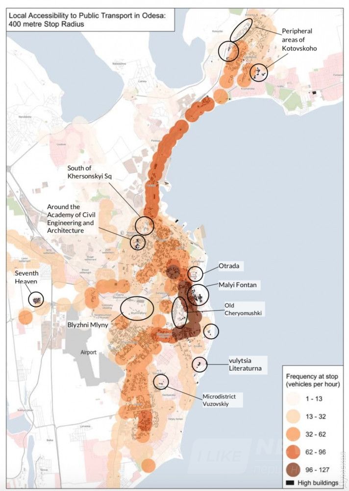 Места в городе, где нет никакого общественного транспорта в пешеходной доступности