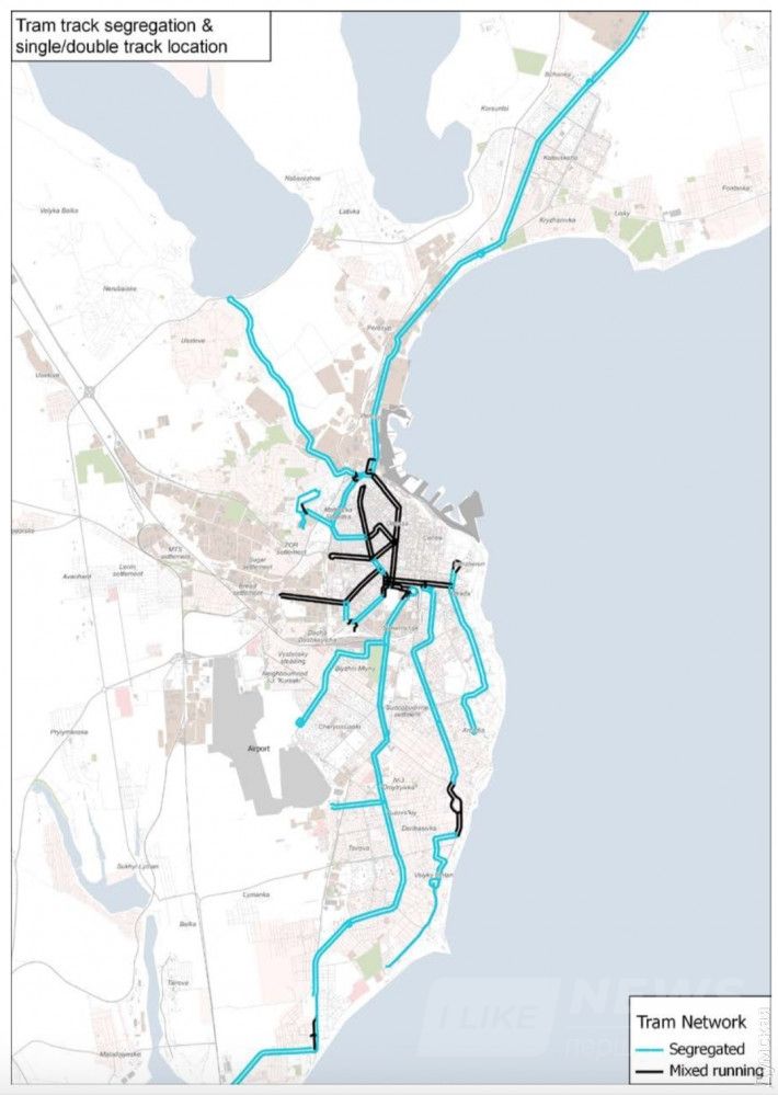 Схема трамвайных маршрутов. Голубым отмечены выделенные пути, черным - совмещенные с автомобильным движением. Там же чаще всего возникают пробки