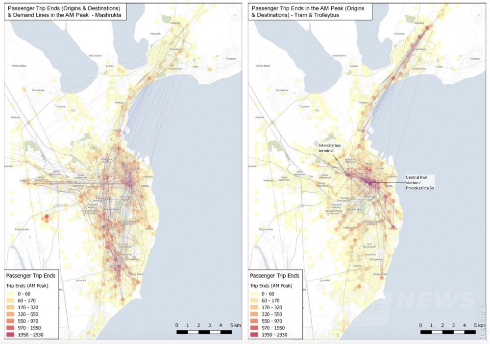 Откуда и куда ездят одесситы на маршрутках (слева) и электротранспорте (справа) в утренний час пик