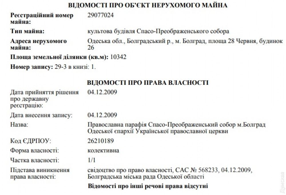 Спасо-Преображенский собор в Болграде принадлежит общине