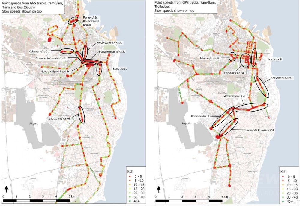 Места, где трамваи (слева) и троллейбусы (справа) едут слишком медленно
